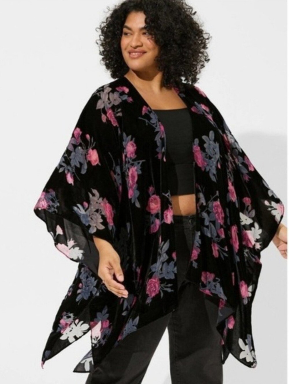 Torrid Black Floral Velvet Kimono One Size